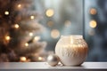 Atmospheric Christmas window sill decoration with white candle burning