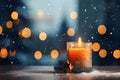 Atmospheric Christmas window sill decoration with white candle burning