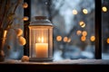 Atmospheric Christmas window sill decoration with white candle burning