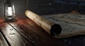 Vintage Lantern and Ancient Map on Wet Wooden Table Royalty Free Stock Photo