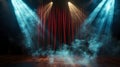 Mystical stage with red curtains and dramatic lighting. empty theater ready for performance. suspense on stage with fog Royalty Free Stock Photo