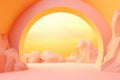Atmospheric escapism installation for showcase and display products. Yellow futuristic round arch on the pastel orange landscape