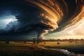 Atmospheric field, green weather sky, dramatic cloudscape, stormy landscape