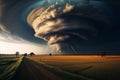 Atmospheric field, green weather sky, dramatic cloudscape, stormy landscape