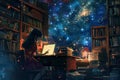 An atmospheric illustration captures a young Asian girl engrossed in a book by lamplight, surrounded by towering bookshelves