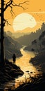 Atmospheric Illustration Of A Sunset Tree And River: Adventure Pulp Meets Environmental Portraiture