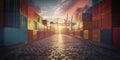 Golden Hour at the Port: Container Stacks and Cobblestone Path Royalty Free Stock Photo