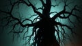 Eerie Tree Silhouette with Glowing Mist in Background. AI Generated Royalty Free Stock Photo