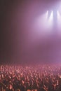 An atmospheric image of a music concert audience, featuring silhouettes of fans and misty stage lights in the background, Ai-