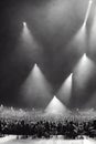 An atmospheric image of a music concert audience, featuring silhouettes of fans and misty stage lights in the background, Ai-