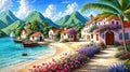 Atmospheric landscape of a small town by the caribbean sea, oil painting illustration