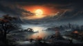 Atmospheric landscapes fog sunset twilight Digital Art_003