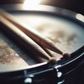 Drumsticks rest on a snare drum, in atmospheric light