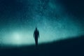 An atmospheric, moody concept of a figure walking towards the camera silhouetted against the night sky. With an abstract, artistic