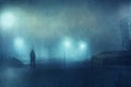 An atmospheric, moody concept of a man on a road looking at buildings on an industrial estate at night. With an abstract, artistic