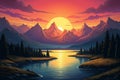 Atmospheric Mountains art sunset poster. Generate Ai