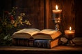 Atmospheric Old book and candles on wooden table. Generate AI Royalty Free Stock Photo