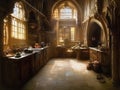 painting of an old medieval castle kitchen with pots food and pans on surfaces and light shining though high windows.