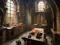 atmospheric painting of an old medieval castle kitchen with pots and pans on surfaces and a wooden table with food in morning