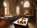 atmospheric painting of an old medieval castle kitchen with pots and pans on surfaces and a wooden table with food in morning