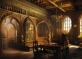 atmospheric painting of an old tudor period hall with ornate carvings, beams a wooden table in morning sunlight.