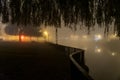 An atmospheric path along a river. On a foggy winters night in a city Royalty Free Stock Photo