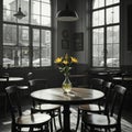 Atmospheric pub interior with empty round table chairs and vase of beautiful yellow lilies bathed in soft sunlight Royalty Free Stock Photo
