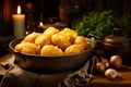 Atmospheric shot of boiled potatoes to prepare delicious creamy mashed potatoes with butter, milk and fresh herbson a wooden table Royalty Free Stock Photo