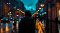 Mysterious Figure in Raincoat Walking Down Rainy Evening Street, Capturing Urban Life and Solitude. Generative AI