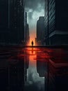 Nocturnal Solitude: Rainy Alleyway with a Lone Figure. Generative Ai