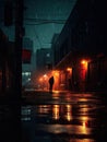 Nocturnal Solitude: Rainy Alleyway with a Lone Figure. Generative Ai