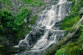 Atmospheric view of waterfall on river in rainforest. Swift stream among green moss