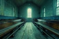 Atmospheric Vintage Church Interior with Wooden Pews and Stained Glass Window in Moody Lighting Royalty Free Stock Photo