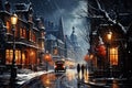 Vintage Winter Scene with Snowfall over Historic City Street at Night. AI generation