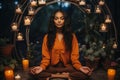 Atmospheric Yoga. Healthy Young Black Woman Finds Serenity at Home with Candlelit Ambiance