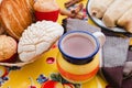Atole de chocolate, mexican traditional beverage and bread, Made with cinnamon and chocolate in Mexico