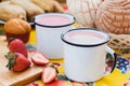 Atole de fresa, mexican traditional beverage and bread, Made with cinnamon and strawberries in Mexico Royalty Free Stock Photo