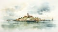 Atoll Of Russia Watercolor Painting: Impressive Panoramas Of A Lighthouse On An Island
