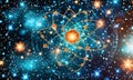 atom, with bright orange core surrounded by network interconnected orange and blue lines, set against starry Royalty Free Stock Photo