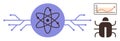 Atom symbol with circuit lines, bug icon, and growth chart representing science, technology, and analysis Royalty Free Stock Photo