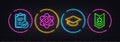 Atom core, Graduation cap and Approved report minimal line icons. For web application, printing Vector