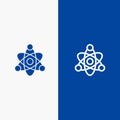 Atom, Educate, Education Line and Glyph Solid icon Blue banner Line and Glyph Solid icon Blue banner