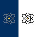 Atom, Education, Physics, Science Icons. Flat and Line Filled Icon Set Vector Blue Background