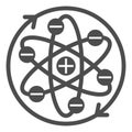 Atom with elliptical orbits solid icon, atomic energy concept. Vector graphics. Rotation arrows of atom structure sign
