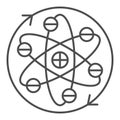 Atom with elliptical orbits thin line icon, atomic energy concept. Vector graphics. Rotation arrows of atom structure