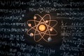 Atom with glowing core, chalkboard filled with complex mathematical formulas