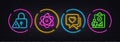 Atom, Heart and Lock minimal line icons. For web application, printing. Neon laser 3d lights. Vector