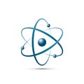 Atom icon in flat design. Blue molecule symbol or atom symbol isolated. Vector illustration Royalty Free Stock Photo