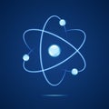 Atom icon. Neon light atomic neutron. Atom blue color. Nuclear atom. 3d cell nucleus. Molecule fusion. Orbit spin. Proton core sym