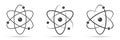 Atom icon. Set of vector characters, different drawing options. Universal models of molecular structure for scientific articles.